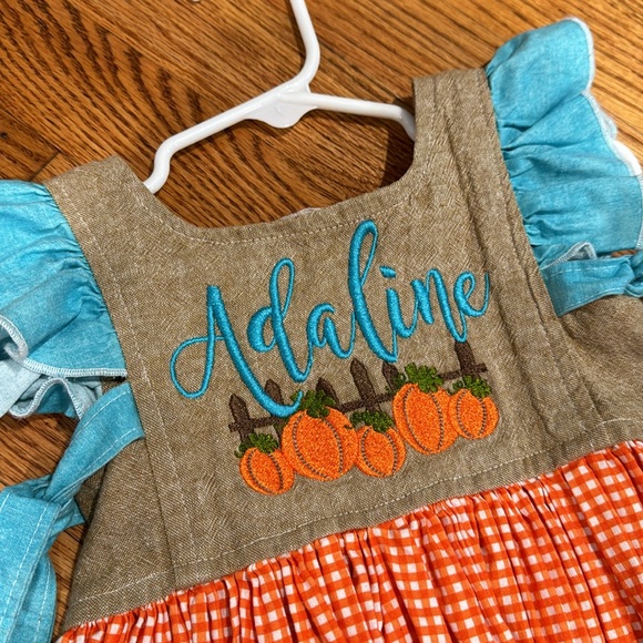 Adaline monogram pumpkin dress and matching bow - Picture 3 of 5